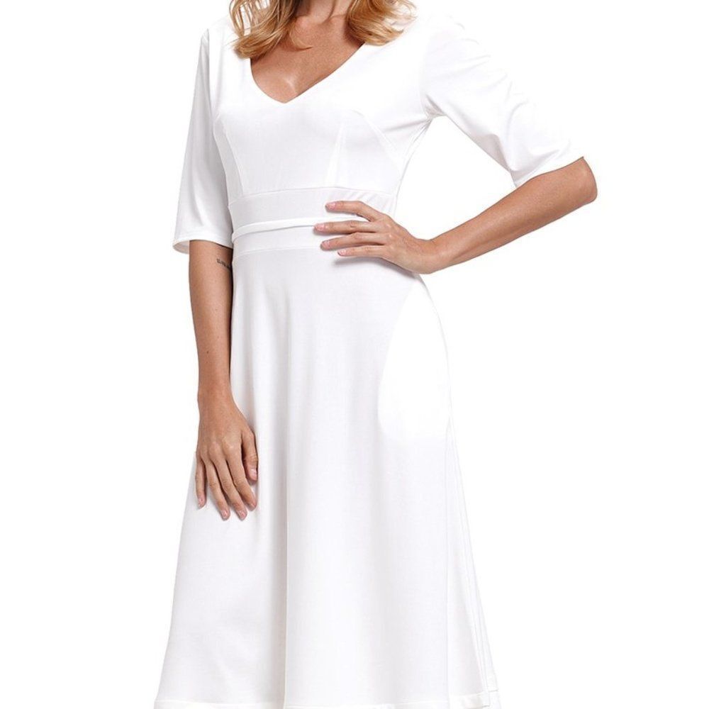 ON SALE NWT White Half Sleeve V Neck High Waist Flared Dress